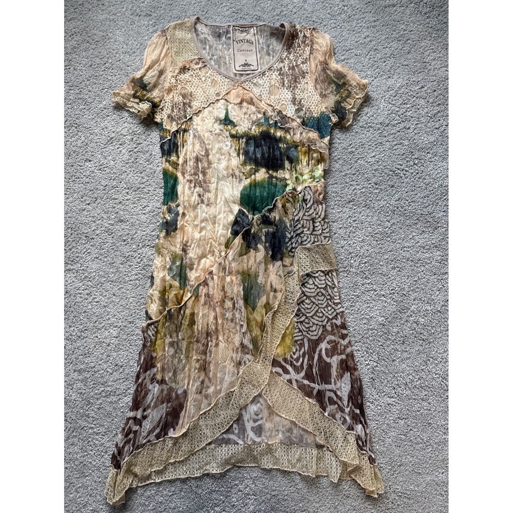 Vintage‎ Concept Women Small Mesh Lace Asymmetrical Midi Dress Earthy Fairycore